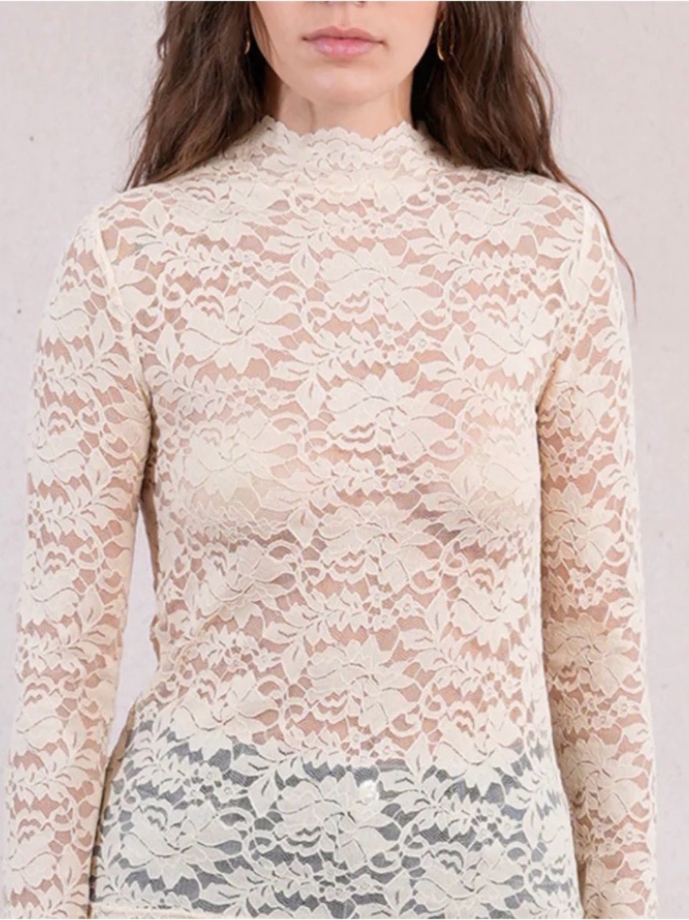 NWT Semi Sheer Mock-Neck Lace Top by Molly Bracken